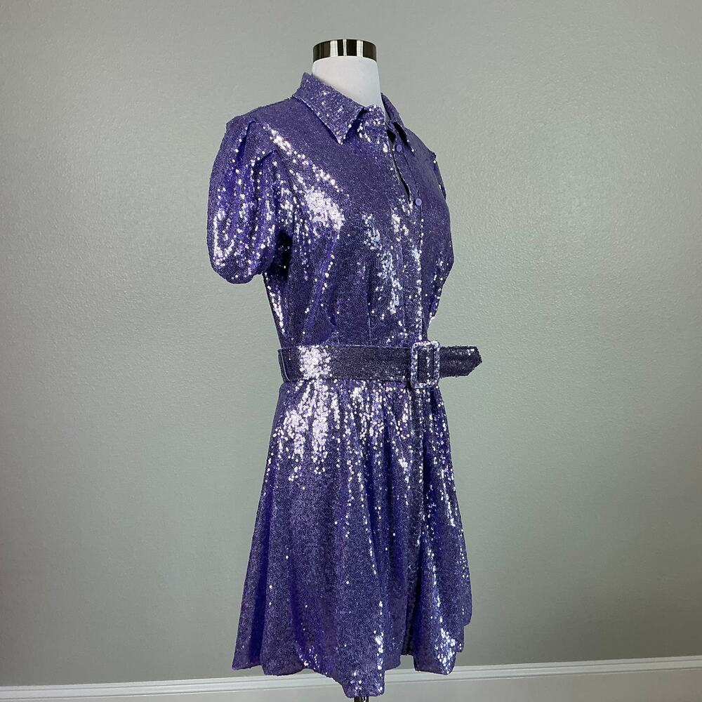 One33 Social Purple Cocktail Dress Sequined Belted Mini Fit and Flare Size 4 - Picture 3 of 13